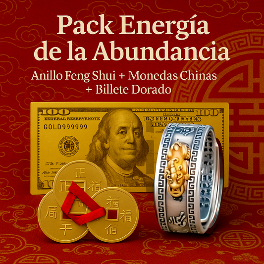 🐉 Pack de la Abundancia - Anillo Feng shui + Monedas chinas + Billete de la suerte 💰