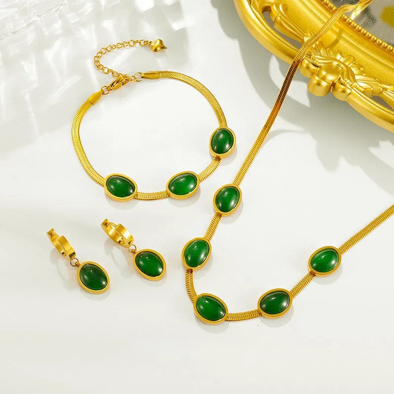 💚 Set Reina Esmeralda: Collar + Pulsera + Aretes