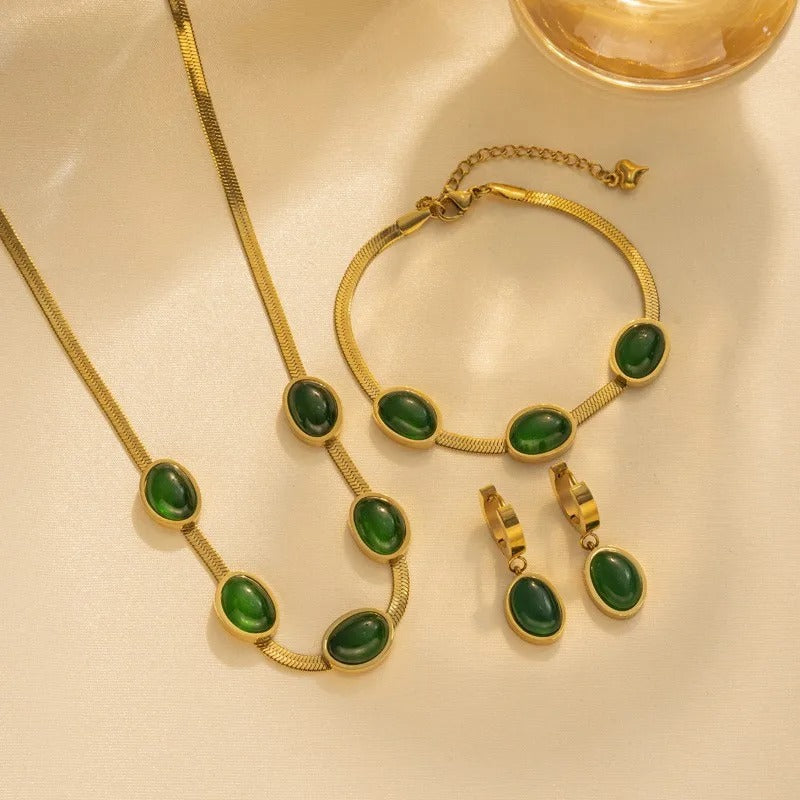 💚 Set Reina Esmeralda: Collar + Pulsera + Aretes